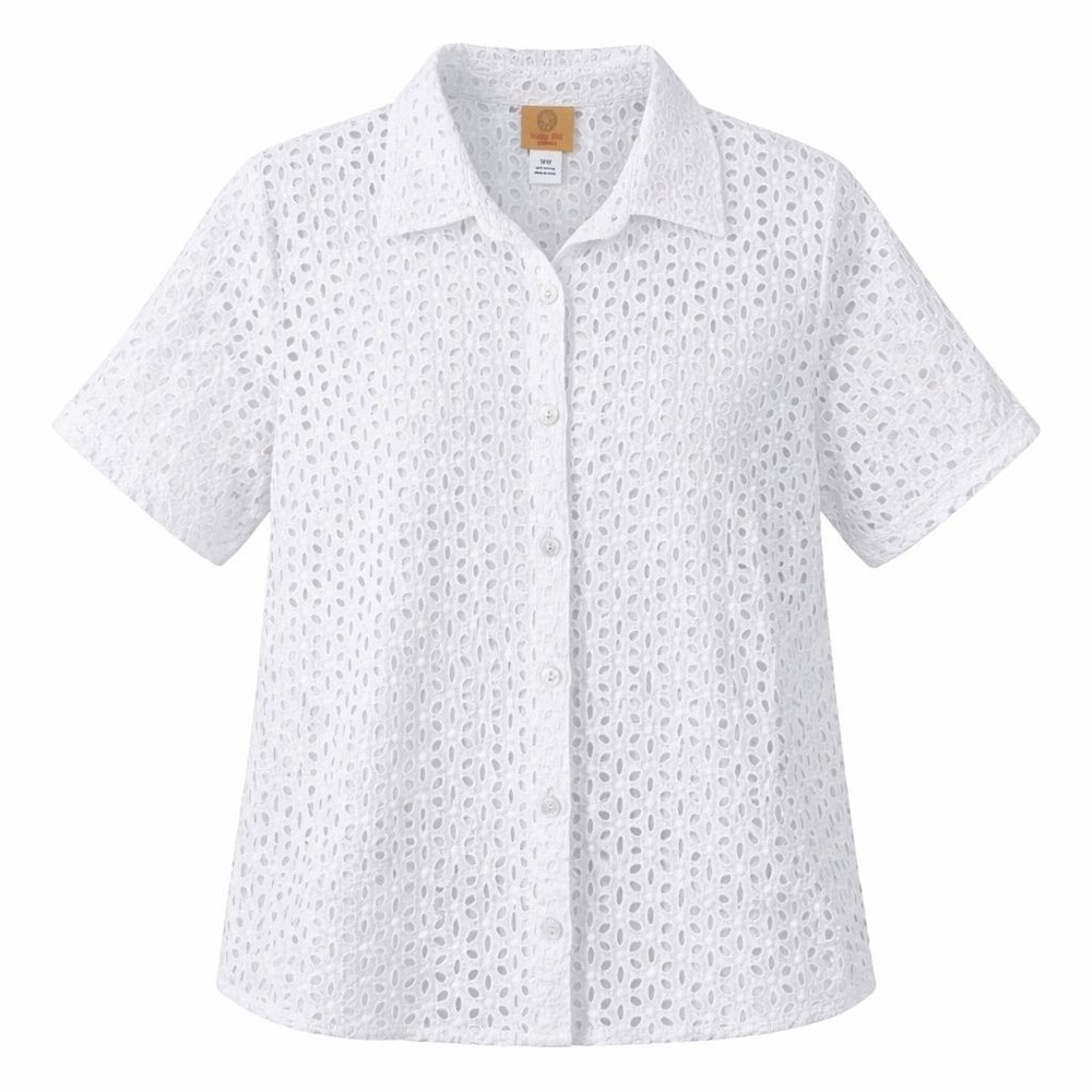 Ruby Rd. Women's 16W Eyelet Short-Sleeve Collared Shirt White 100% Cotton Button